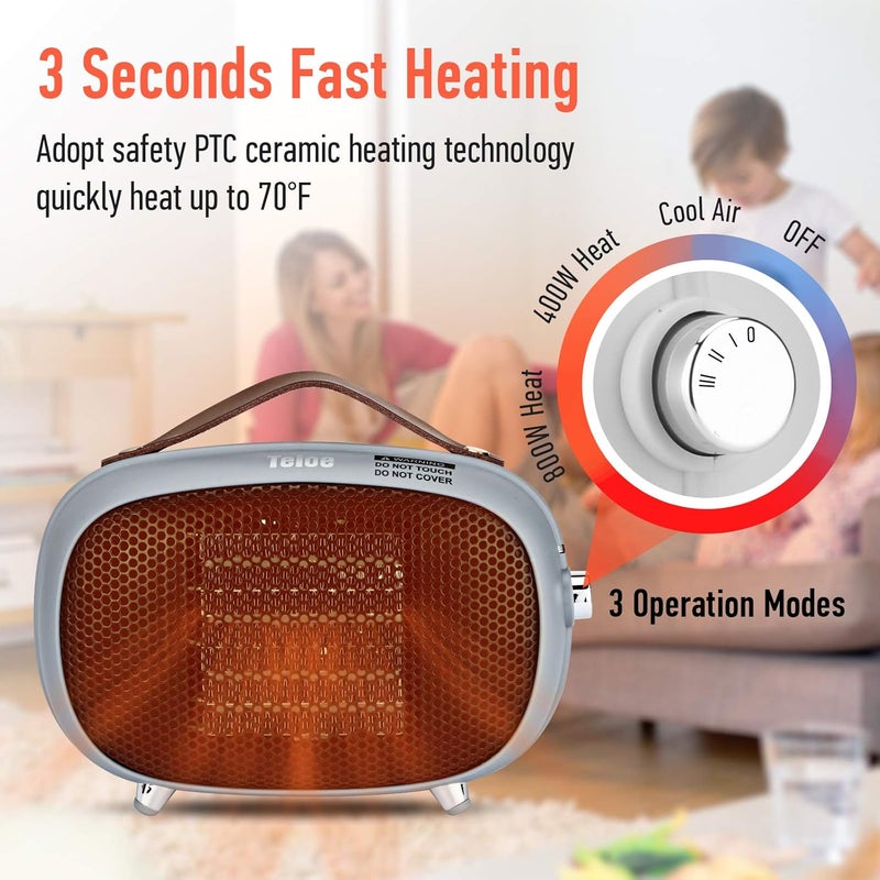 Teioe Space Heater, Mini Electric Space Heater 800W/400W, Small PTC Ceramic Heater with Tip-Over and Overheat Protection, 3 Operating Modes, Space Heaters for Office, Bedroom and Under Desk (GREY) - Image 3